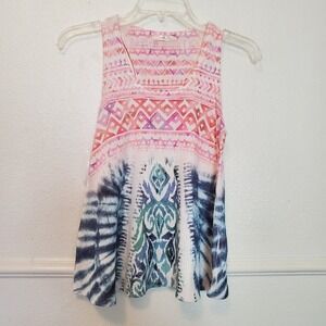 Gaze USA Womens Pink Blue Geometric Tie Dye Ikat Knit Racerback Tank Top Small